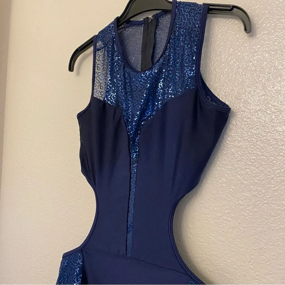 Double platinum dance Costume leotard blue sequin dress N7799P -adult M